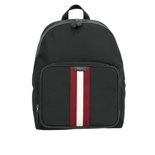 【BALLY】Code 紅白織帶尼龍拉鍊口袋後背包(黑色)