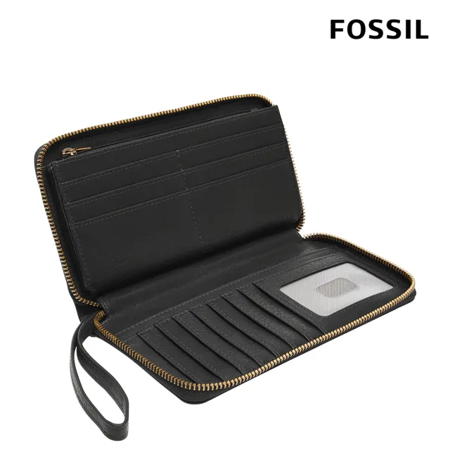 【FOSSIL】Liza 真皮拉鍊式長夾-黑色X金飾片 SL7878G001