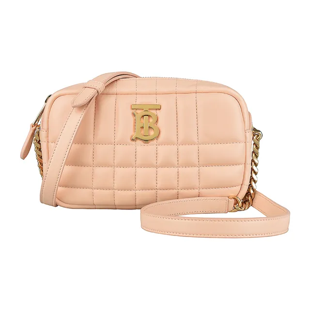 【BURBERRY 巴寶莉】BURBERRY LOLA經典LOGO斜背拉鍊絎縫小羊皮相機包(迷你/蜜桃粉)