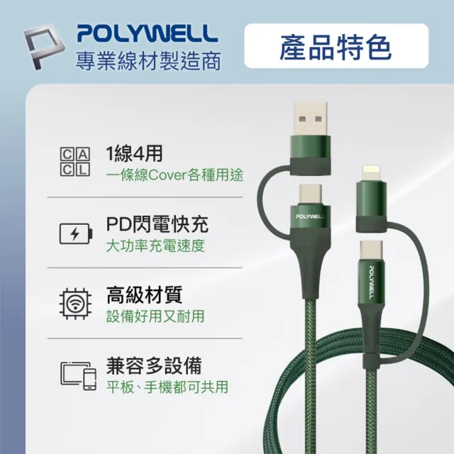 【POLYWELL】1M 四合一編織快充線 USB-A+USB-C+Lightning 手機快充線 多合一快充