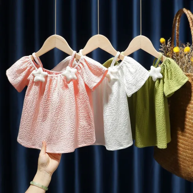 【安朵童舖】現貨韓版女童露肩甜美上衣兒童露肩吊帶上衣短袖上衣背心上衣短袖T恤背心T恤(17)