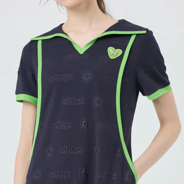 【ILEY 伊蕾】立體壓紋跳色配條修身洋裝(深藍；M-2L；1252687005)