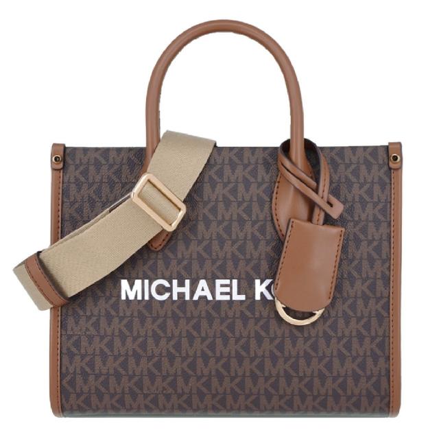 【Michael Kors】MIRELLA系列 防刮皮革 拉鍊 寬背帶 斜背包 紙袋包 托特包(字母咖)