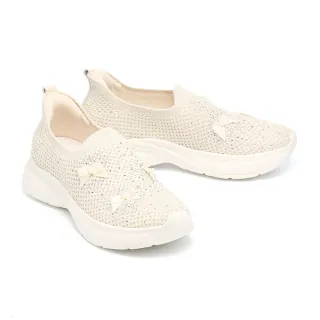 【MELROSE】美樂斯 奢華閃鑽蝴蝶結飛織布厚底休閒鞋(米)