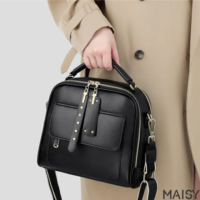 【MAISY】時尚寬肩帶多格層小方包 手提包 肩背包(黃色／棕色／黑色)