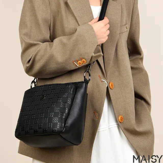 【MAISY】簡約格紋印花拉鍊手提包 肩背包 通勤包(卡其色／咖啡色／黑色／紅色)