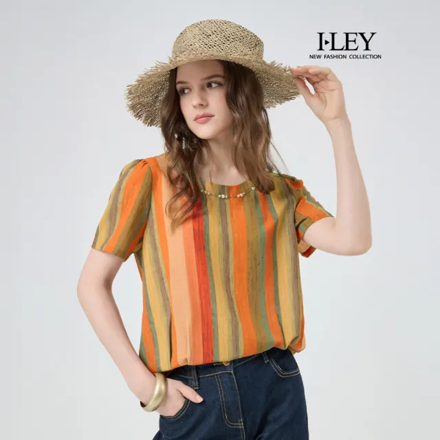 【ILEY 伊蕾】民族風撞色圓領上衣(桔;M-2L;1252181428)