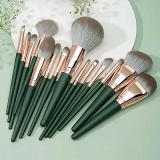 【幸福揚邑】煙松綠逸14件專業彩妝柔軟纖維毛化妝刷具 粉底修容腮紅眼影眉唇刷附皮革收納包