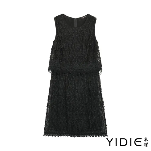 【YIDIE 衣蝶】假兩件飄逸流蘇背心短洋裝-黑