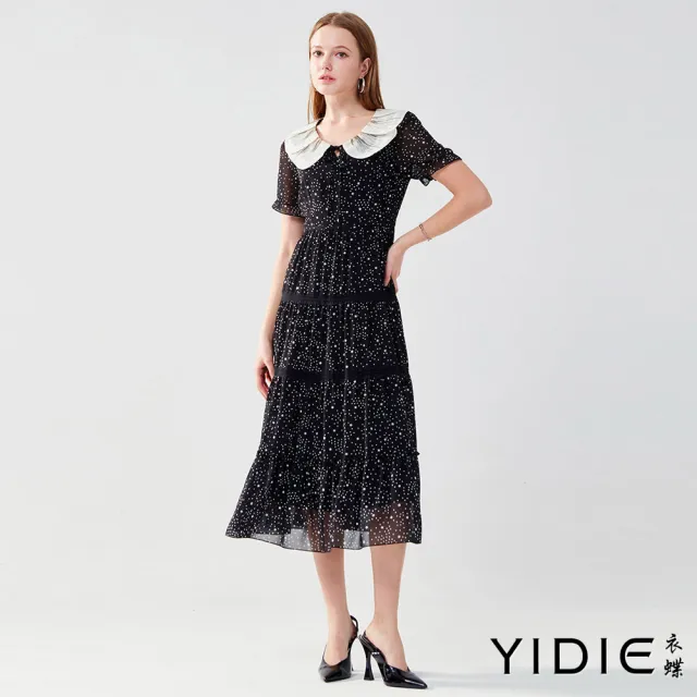 【YIDIE 衣蝶】拼接蕾絲點點蛋糕裙長洋裝-黑