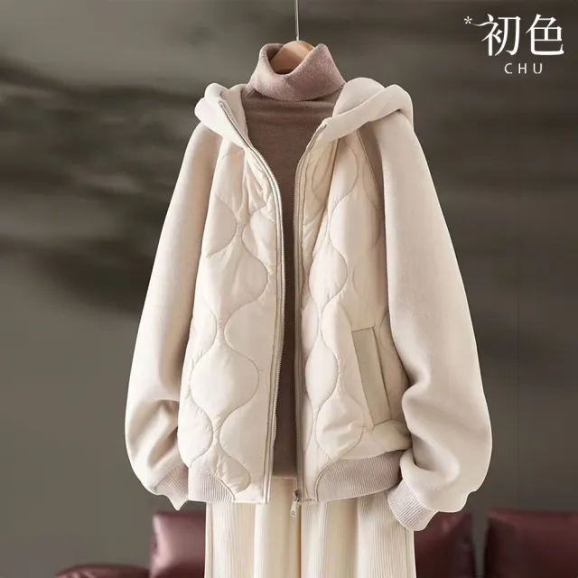 【初色】韓版加厚拼接純色拉鍊口袋長袖插肩袖連帽外套女外套-共2色-38720(M-2XL可選)