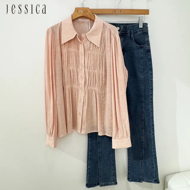 【JESSICA】氣質百搭多層次抓皺紋理長袖襯衫上衣（粉）J44300