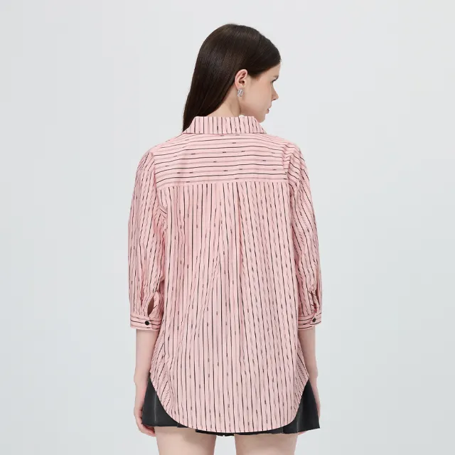 【OUWEY 歐薇】直條紋寬鬆七分袖純棉襯衫(粉；S-L；3251151506)