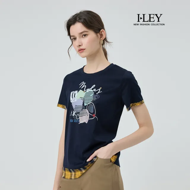 【ILEY 伊蕾】縲縈絲光棉休閒印花T恤(深藍；M-2L；1252181216)