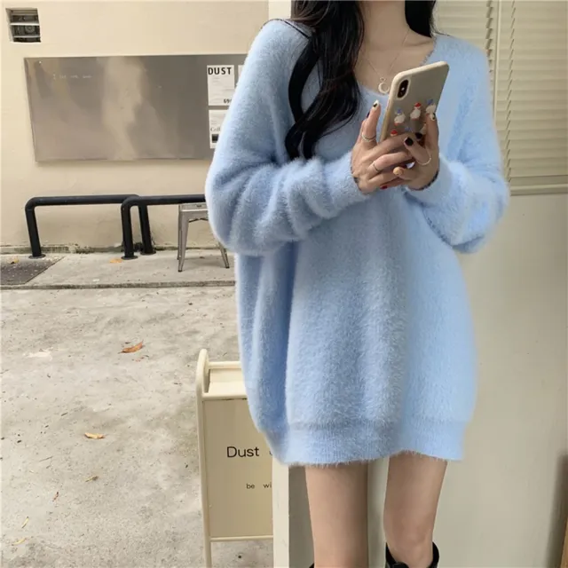 【D.studio】韓版寬鬆V領毛毛長版上衣(針織上衣毛衣長袖上衣衣服保暖上衣冬天女裝秋冬女裝發熱衣 W246)