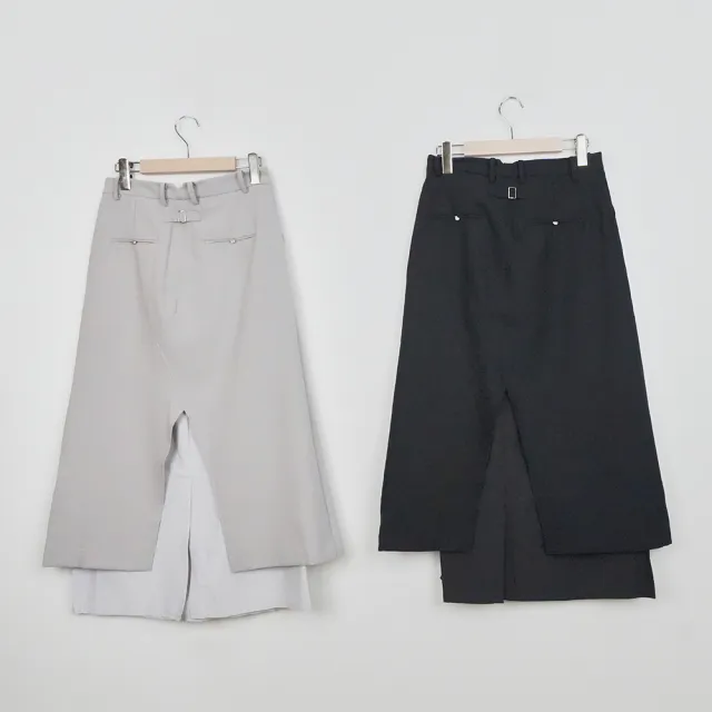 【MASTINA】高腰機能感異材質拼接西料長裙(黑 灰/魅力商品)