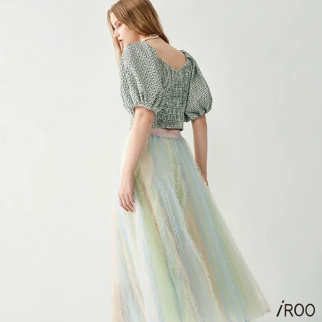 【iROO】漸層配色復古線條網紗裙