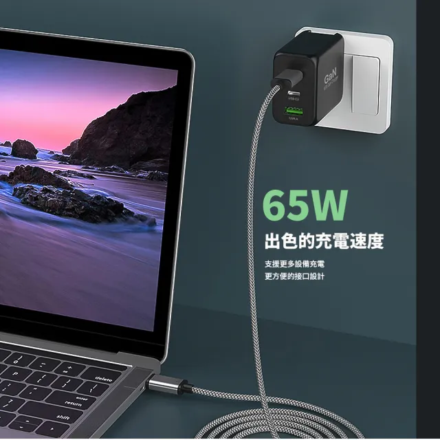 65W GaN氮化鎵PD+QC3.0三孔2C1A快充充電器/筆電快充(支援MAC/iPhone)