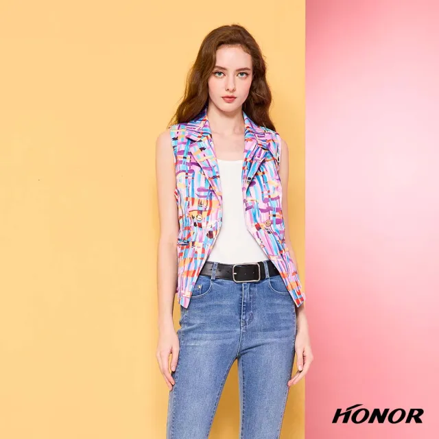 【HONOR 山形屋】出清品 繽紛抽象幾何翻領背心外套-粉紫(限定出清)