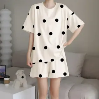 【Chic Chic 琪琪】1套組-薄款簡約自帶Bra夏季短睡衣套裝(短袖睡衣/居家服/帶胸墊睡衣/女睡衣)