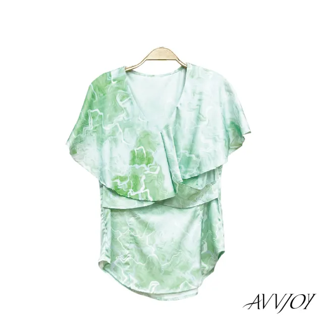 【AVVJOY 艾薇卓爾】荷葉邊印花無袖連襯衫(襯 上衣 短袖 襯衫 女襯 女襯衫 短袖襯衫 CLA0470TP)