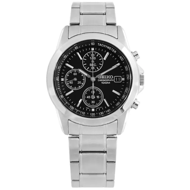 【SEIKO 精工】三眼計時 日期 防水100米 不鏽鋼手錶 黑色 38mm(SND309P)