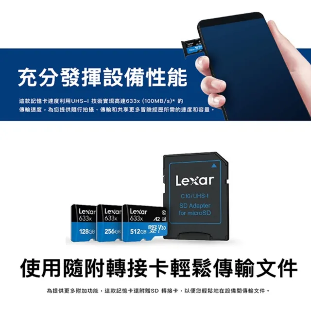 【Lexar 雷克沙】[全新版] 128GB 高速效能 633x microSDXC UHS-I A1 V30 記憶卡(附SD轉卡 10年有限保固)