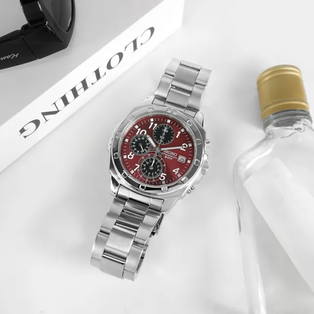 【SEIKO 精工】三眼計時 數字刻度 夜光 日期 不鏽鋼手錶 酒紅色 39mm(SND495PC)
