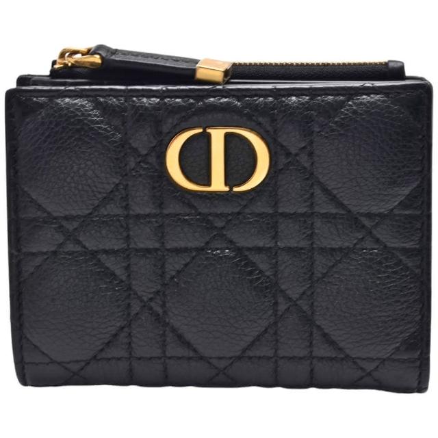 【Dior 迪奧】經典Caro Dahlia系列CD LOGO藤格紋小牛皮暗釦短夾(黑色S5173UWHC_M900)