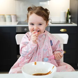 【英國BiBADO】防髒防水圍兜禮盒組 長袖+學習叉匙(副食品 自主進食 畫畫衣 防髒耐污)