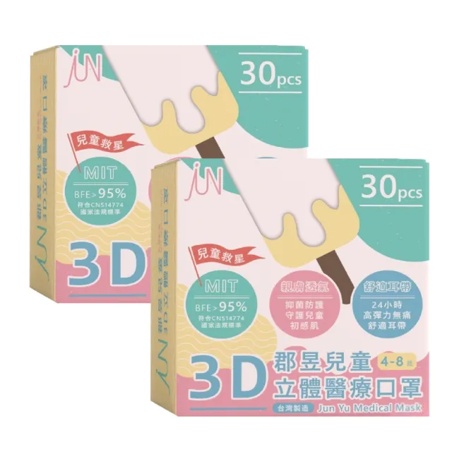 【JUN 郡昱】4-8歲兒童3D立體醫療口罩30入/盒-可愛動物系列；2盒組(台灣製造 立體口罩 3D口罩 兒童口罩)