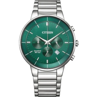 【CITIZEN 星辰】星辰 Chronograph 紳男計時手錶 銀x綠/42mm(AN8220-52X)