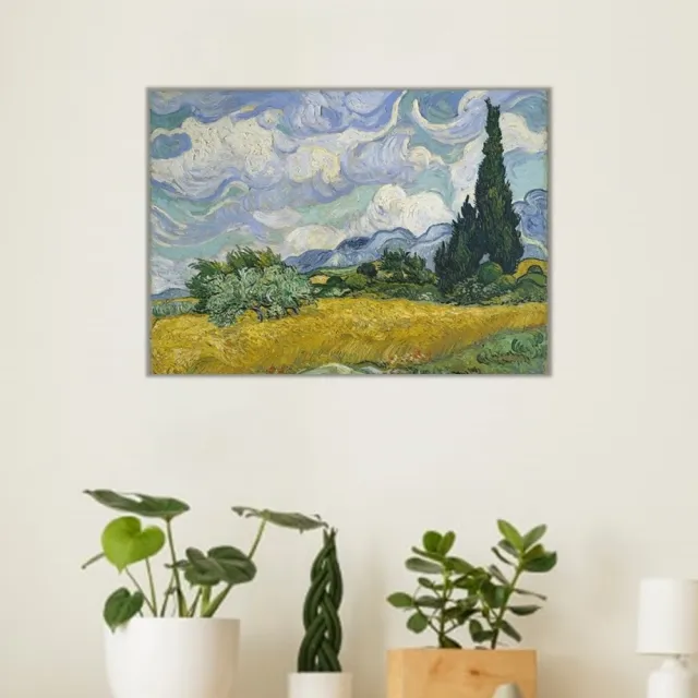 《麥田裡的絲柏樹》梵谷．後印象派 世界名畫 風景油畫-無框 60x80CM
