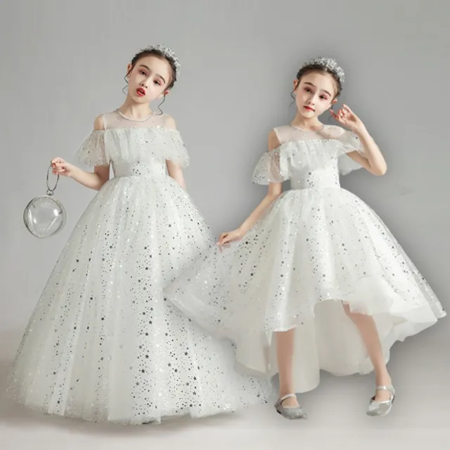 【橘魔法】純美銀星燙印一字領篷篷紗裙禮服(露肩禮服 大童 花童 畢業 禮服 全家福 婚禮 女童)