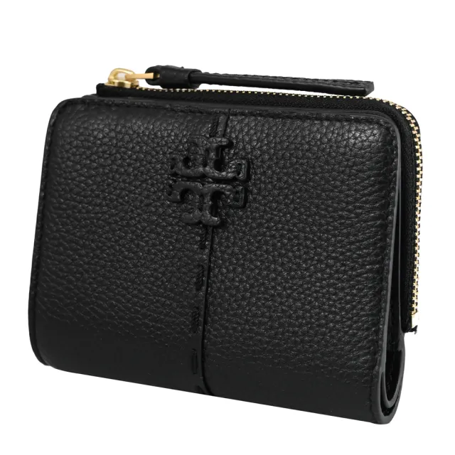 【TORY BURCH】簡約經典雙T LOGO荔枝皮革扣式零錢短夾(黑)