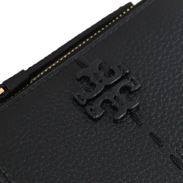 【TORY BURCH】簡約經典雙T LOGO荔枝皮革扣式零錢短夾(黑)
