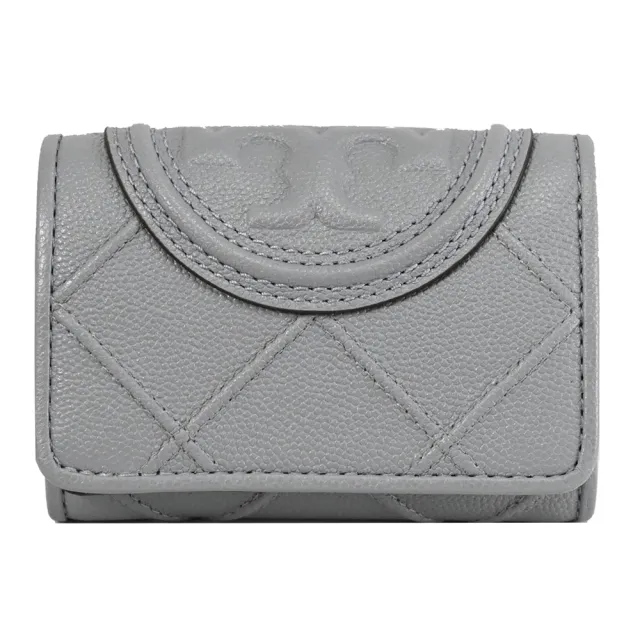 【TORY BURCH】經典立體雙T LOGO菱格車線皮革三折小短夾(灰)