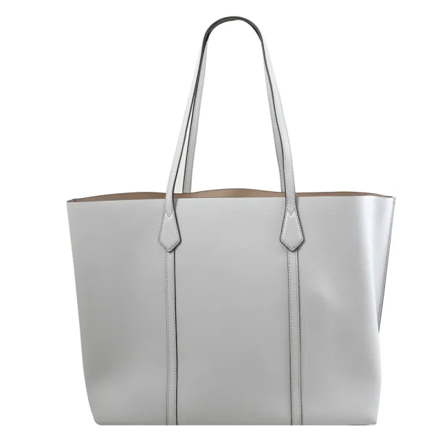 【TORY BURCH】Perry 簡約燙金LOGO荔枝皮革三層包肩背包(淺灰 大)