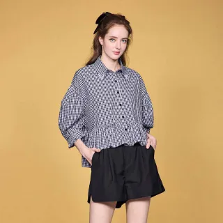 【HONOR 山形屋】優雅格紋荷葉五分袖上衣-黑
