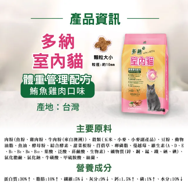 【Donna 多納】室內貓/結紮貓 貓飼料 9kg(體重管理/泌尿保健/化毛保健/貓糧/貓乾糧/官方直營)