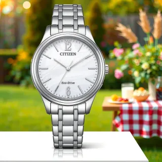 【CITIZEN 星辰】光動能大三針時尚女錶-銀x白/34mm 母親節 禮物 送禮(EM0411-71A)