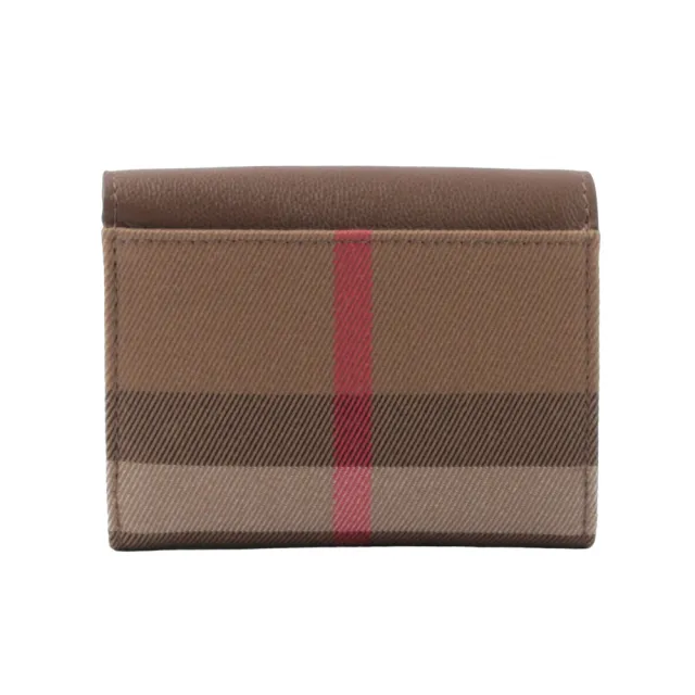 【BURBERRY 巴寶莉】Lancaster 牛皮及帆布格紋三折短夾_展示品(土棕色/棕色)