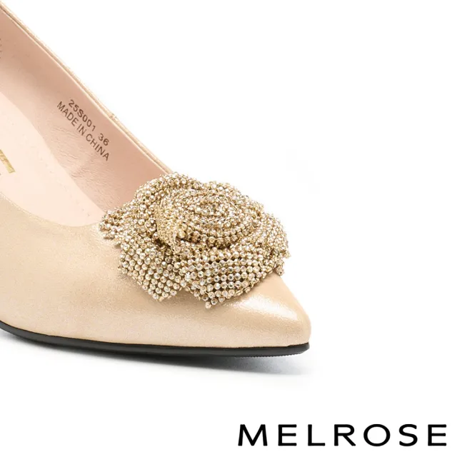 【MELROSE】美樂斯 華麗高雅晶鑽花朵全真皮尖頭高跟鞋(金)