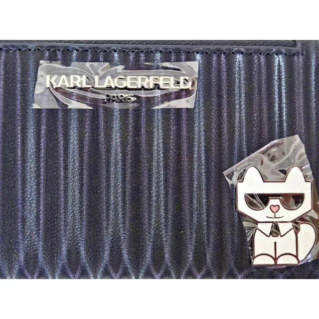 【KARL LAGERFELD 卡爾】KL 貓咪公仔對開拉鍊零錢包 卡包(黑色)