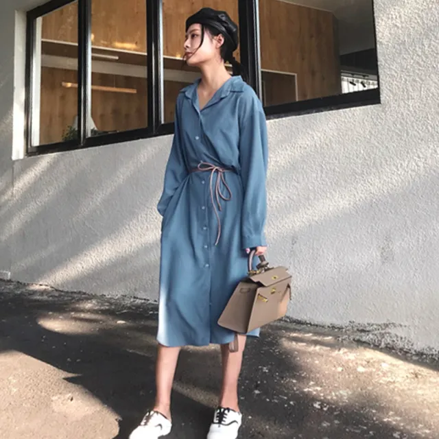【AnZa】中長款襯衫式開衫連身裙外套(附腰帶)