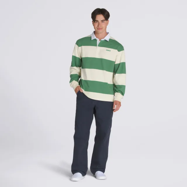 【VANS】官方旗艦 綠色/白色條紋長袖POLO衫