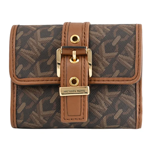 【Michael Kors】COLBY 金屬LOGO皮帶穿扣造型三折零錢短夾(深咖)