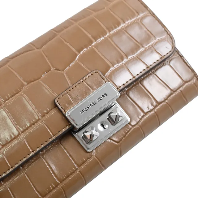 【Michael Kors】TRIBECA WOC 金屬LOGO鱷魚壓紋翻蓋可拆鍊條三用鍊包(棕色)