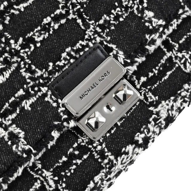 【Michael Kors】TRIBECA 金屬LOGO織布毛邊格紋肩斜翻蓋三用鍊包(黑)