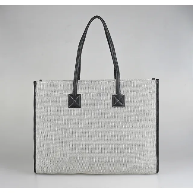 【BURBERRY 巴寶莉】BURBERRY Freya黑字LOGO正面檔案夾設計帆布邊飾小牛皮釦式手提肩背托特包(中/炭灰x黑)